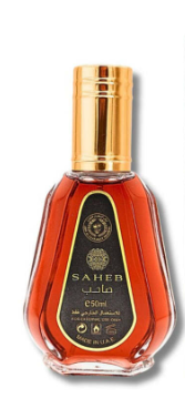 A bottle of Saheb Arabic perfume oil with a gold cap and a black label featuring gold lettering, set against a plain white background.