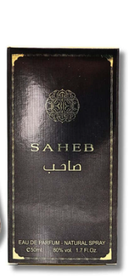 A rectangular dark brown or black perfume bottle with gold lettering that reads 'SAHEB' and Arabic text, plus smaller text indicating 'EAU DE PARFUM - NATURAL SPRAY' and '50ml 90% vol. 1.
