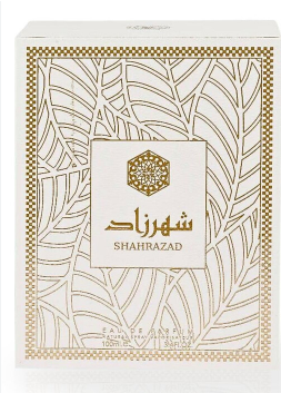 Shahrazad perfume box with an intricate gold geometric pattern on a white background.