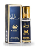 Tay Al-Malik The King Crown roll-on perfume shown with its blue and gold retail box next to the matching glass bottle with a gold cap on a white background.
