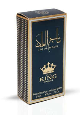 A rectangular perfume box for Taj Al Malik The King Crown, featuring a dark navy blue front with gold lettering and a gold crown illustration, and a black-and-gold patterned side panel, shown on a white background.