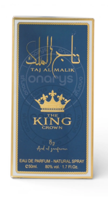 A rectangular perfume bottle with a blue label and gold border, featuring the text 'Taj Al Malik' and 'The King Crown' with a gold crown graphic, photographed against a plain white background.