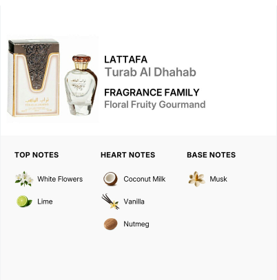A fragrance product card for LATTAFA Turab Al Dhahab by Fragrance Family. The top section shows the perfume bottle and its box on a white background, with the product name and scent description in black text.