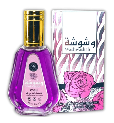 Washwashah perfume bottle and packaging box. The bottle is made of clear glass filled with purple liquid and topped with a shiny gold cap.