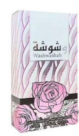 A rectangular product box for Washwashah perfume, featuring a white top panel with Arabic and English text, pink zebra-like stripes, pink roses, and a black band around the middle.