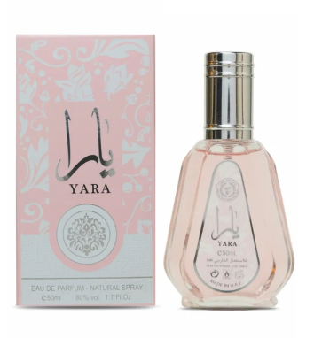 Yara Eau de Parfum natural spray bottle and its pink patterned packaging box, featuring a silver cap and Arabic calligraphy design.