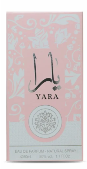 Yara Eau de Parfum natural spray box packaging, featuring a light pink background with silver floral patterns, Arabic calligraphy, and a silver circular emblem.