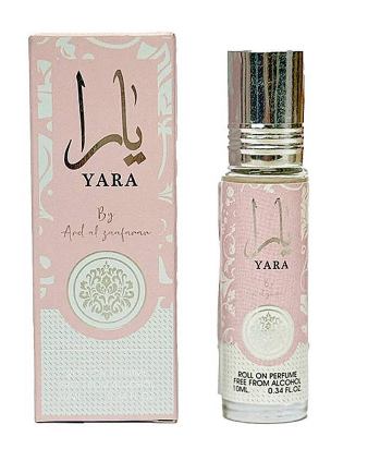 Yara Aromatolatil roll-on perfume by Aroor Samafaran, shown with its pink and white patterned packaging box and the clear glass spray bottle with a silver cap.