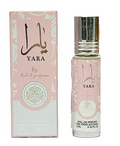 Yara Aromatolatil roll-on perfume by Aroor Samafaran, shown with its pink and white patterned packaging box and the clear glass spray bottle with a silver cap.