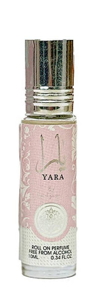 Yara roll-on perfume bottle with a metallic silver cap and a light pink patterned label, shown against a plain white background.