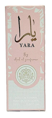A rectangular pink box for Yara perfume by Arafat & saifurrahman, featuring elegant Arabic calligraphy, gold and black lettering, and a circular floral motif on a white textured lower section.