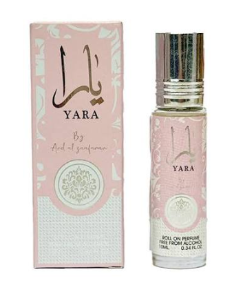 Yara roll-on perfume by Aref al saifaroon, shown with its pink patterned outer box and the clear glass spray bottle with a silver cap on a white background.
