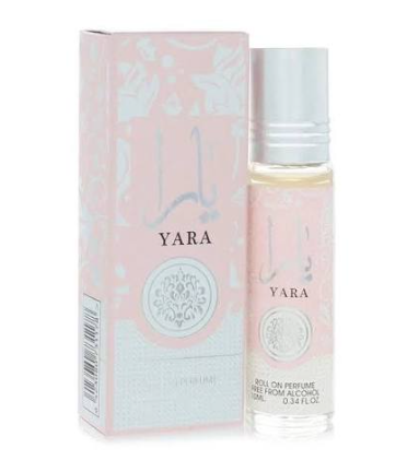 Yara roll-on perfume bottle and its matching pink patterned packaging box, shown on a clean white background.