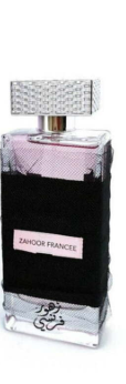 Zahoor French perfume bottle with a black textured body, pink label, and a silver rhinestone cap, shown against a white background.