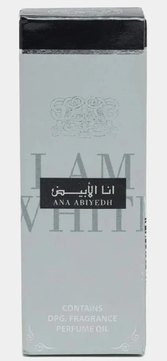 Ard Abiyedh I am White perfume oil box, featuring a light gray and white design with a black central label containing Arabic and English text.