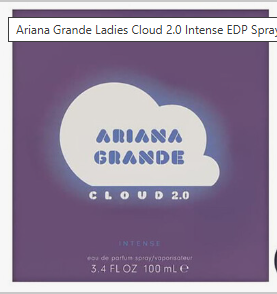 Ariana Grande Cloud 2.0 Intense EDP Spray packaging, featuring a purple background with a white cloud graphic containing the brand name 'ARIANA GRANDE' and 'CLOUD 2.