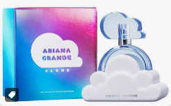 Ariana Grande Cloud Eau de Toilette bottle with a cloud-shaped cap, shown next to its blue and pink gradient packaging box.
