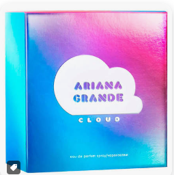 Ariana Grande Cloud Eau de Parfum box featuring a vibrant holographic gradient design with blue, pink, and purple tones, and a white cloud logo in the center.