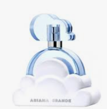 Ariana Grande 'As It Was' perfume bottle designed like a cloud, featuring a light blue translucent top and a white cloud-shaped base with the artist's name printed on it.