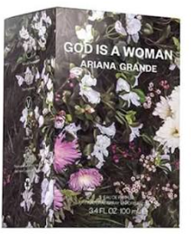 Ariana Grande 'God Is A Woman' fragrance box featuring a dark floral pattern with white, pink, and purple blossoms and bold white text.