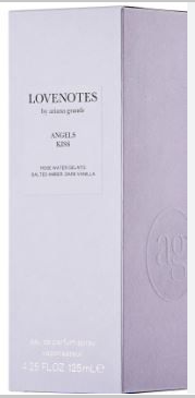 A tall rectangular box for Lovenotes by Angel's Kiss Eau de Parfum, shown in a very pale lavender-white color against a white background.