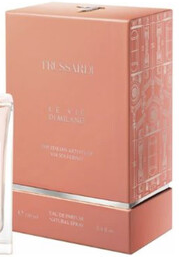 A dusty pink rectangular box for Essentiel by Assania 'El Vie' Eau de Parfum, shown alongside a small clear glass bottle on a white background.