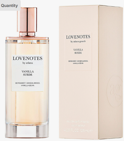 A bottle of Arian Grande Lovenotes Vanilla Suide perfume next to its beige packaging box, on a clean white background.