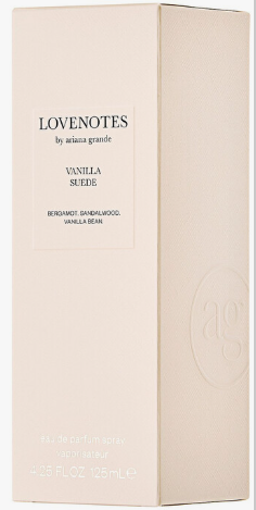 A tall, rectangular beige perfume box for 'LOVENOTES by ariana grande' in 'Vanilla Sucre' scent, featuring elegant black typography and a subtle embossed logo on the side.