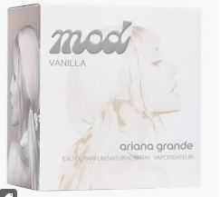 Ariana Grande 'mod' Vanilla Eau de Parfum box, featuring a minimalist white design with a soft illustration of a woman's profile and elegant gray typography.