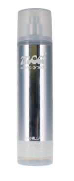 A tall, cylindrical spray bottle of 'moei aroma generalis' vanilla scent, featuring a metallic silver body and a frosted clear cap, set against a plain white background.