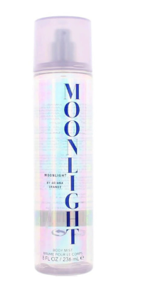 A bottle of Moonlight body mist with a holographic iridescent label and blue lettering, shown against a plain white background.