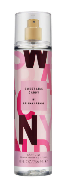 A clear cylindrical perfume bottle with a gold spray top and a pink and white label reading 'SWEET LIKE CANDY' and 'BY URANUS CANDID'.