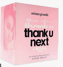 A pink rectangular box for Ariana Grande's 'thank u next' fragrance, shown at a slight angle against a white background.