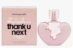 Ariana Grande Thank U Next perfume bottle and its pink packaging box, featuring the iconic cracked pink heart design on the bottle.