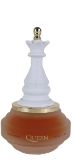 A cosmetic jar with a white chess-piece-shaped cap and a warm brown base, featuring the brand name 'QUEEN' printed in gold on the front.