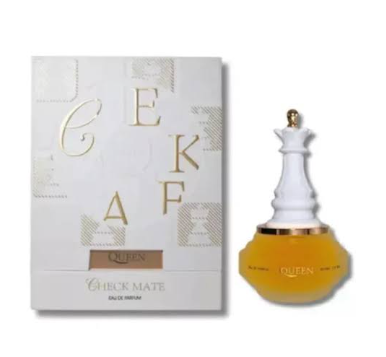 Check Mate Eau de Parfum bottle and packaging box. The bottle features a white chess queen piece design on top with a golden-yellow glass base, and the box is white with gold lettering spelling 'CHECK MATE' and a gold 'QUEEN' label.