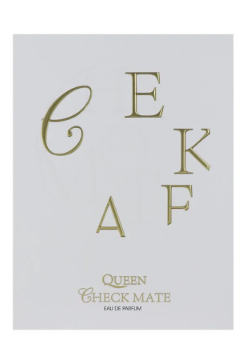 A square white card or box front with metallic gold foil lettering spelling out 'QUEEN CHECK MATE' and 'EAU DE PARFUM'.
