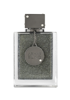 Armaf Eline perfume bottle with a textured metallic silver pattern inside a clear glass container, featuring a dark gray cap and a hanging circular silver tag.