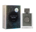 Club de Nuit Bling Eau de Parfum bottle and its packaging box. The box features a black background with a silver glitter pattern and a holographic circle near the top.