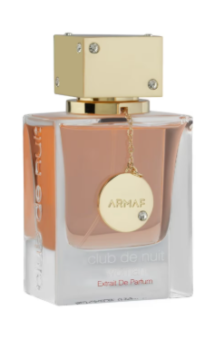 Armaf Club de Nuit Extrait de Parfum perfume bottle with a gold cap and a gold circular pendant on a white background.