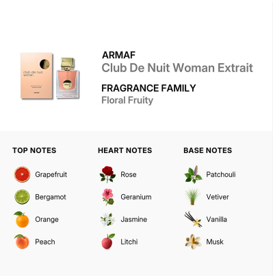 A fragrance notes graphic for ARMAF Club De Nuit Woman Extrait. The top section shows a small bottle and box of the fragrance on a white background, with the text 'ARMAF Club De Nuit Woman Extrait', 'FRAGRANCE FAMILY', and 'Floral Fruity'.