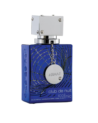 Armaf Club de Nuit Iconic Eau de Parfum bottle, featuring a vibrant blue rectangular glass container with a black spiderweb pattern, a silver hanging medallion, and a metallic silver cap.