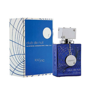A bottle of Armani Club Club de Nuit E21 Nic perfume spray next to its blue and white patterned packaging box, on a plain white background.