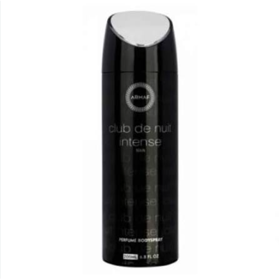 A black cylindrical body spray bottle with a silver cap, labeled 'ARMAF club de nuit intense skin' on a plain white background.