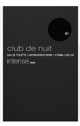 A black rectangular product box or package with a circular cutout near the top right, featuring white text that reads 'club de nuit', 'EAU DE TOILETTE | VAPORISATEUR SPRAY | £105ML 3.6FL.