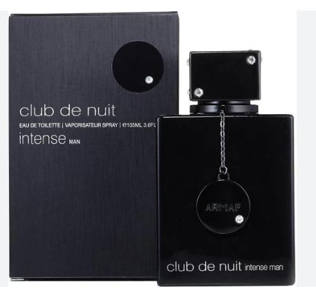 Club de Nuit Intense Man Eau de Toilette by Armaf, showing the black textured bottle with its signature hanging medallion and the matching black packaging box.