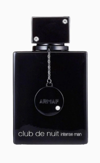 A black rectangular perfume bottle with a matching black cap and a hanging circular medallion, labeled 'club de nuit intense man' by Armaf, on a plain white background.