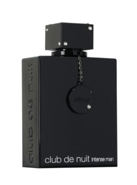 Club de Nuit Intense Man cologne bottle in matte black with a matching cap and a small hanging chain, shown on a plain white background.
