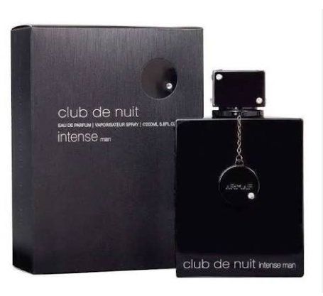 Club de Nuit Intense Man cologne bottle and its matching black packaging box, shown on a plain white background.