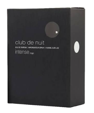A black rectangular product box for Club de Nuit Intense Man Eau de Parfum, featuring white text and minimalist circular cutouts on the front and side, set against a plain white background.